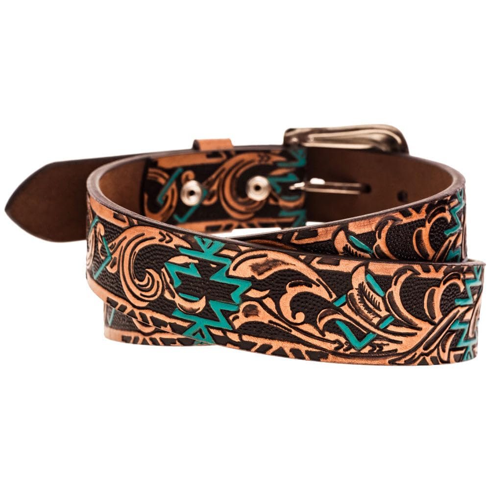 Brown leather belt with decorative pattern on a white background