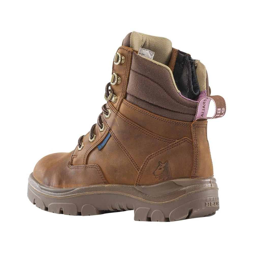 
                  
                    Angled Back View of Steel Blue Southern Cross Ladies Safety Boot in Distressed Brown
                  
                