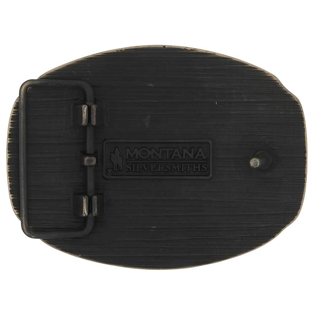 Back of the Wild Ambition Belt Buckle showing the sturdy clasp and Montana Silversmiths logo.
