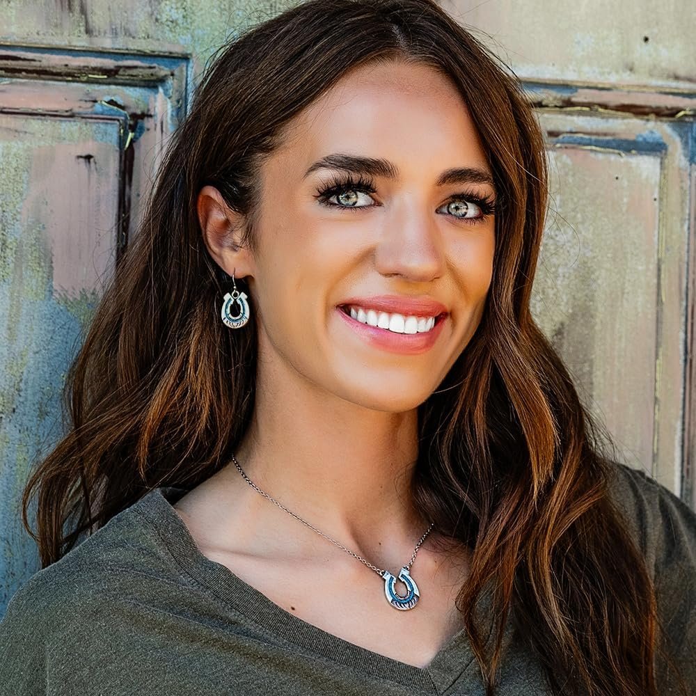 
                  
                    Woman Wearing Montana Silversmiths Women's Inner Light Turquoise Horseshoe Necklace
                  
                