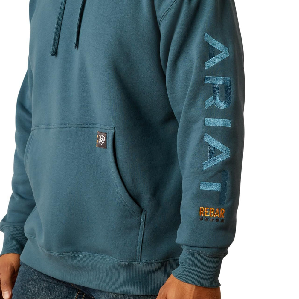 
                  
                    Logo on Sleeve of Ariat Men's Rebar Graphic Hoodie in Stargazer/Larkspur
                  
                