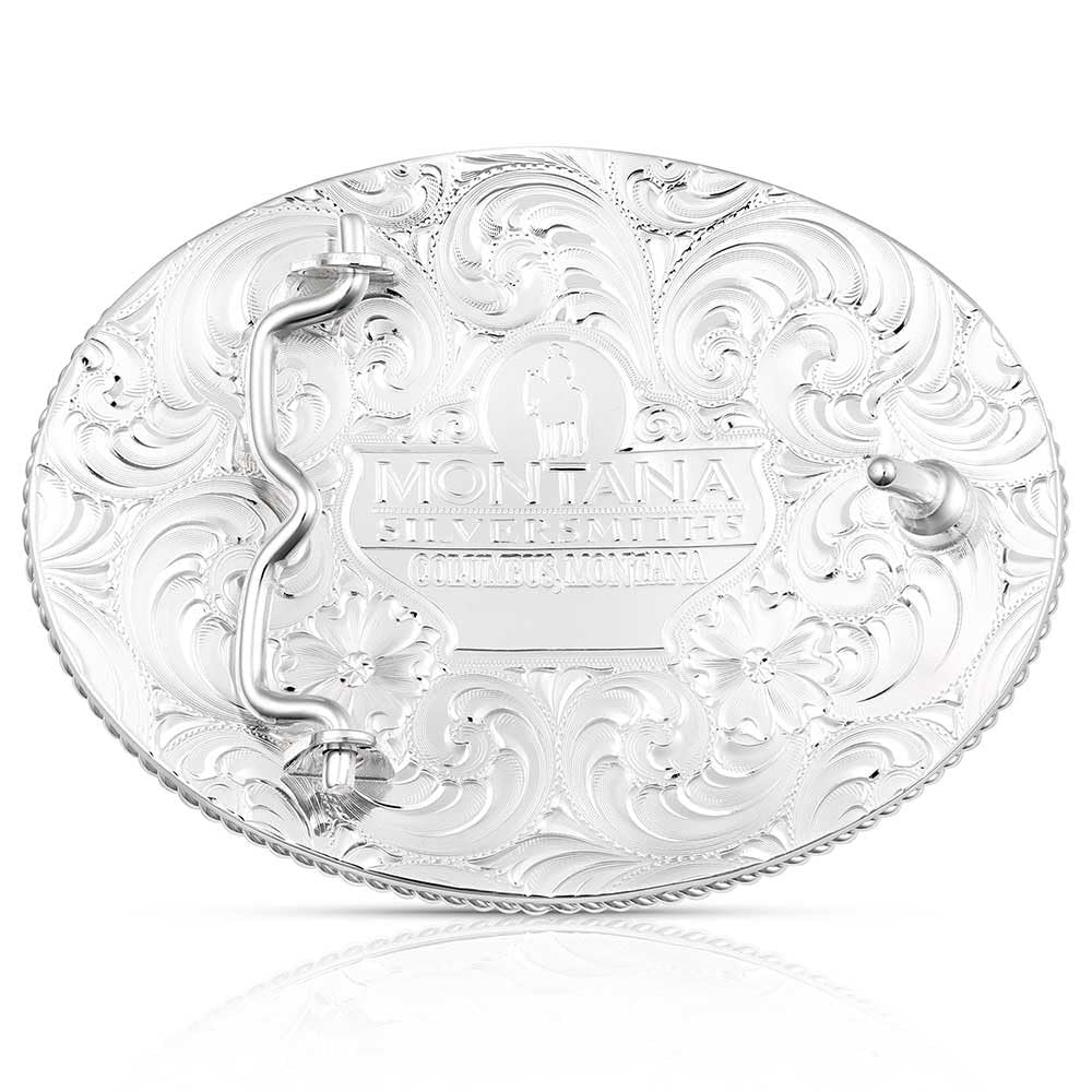 Back of Montana Silversmiths Striking Engraved Belt Buckle With Christian Cowboy