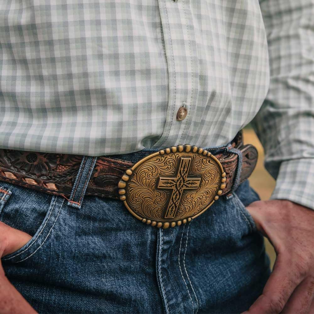 
                  
                    Man Wearing Montana Silversmiths Faith of the Southwest Attitude Belt Buckle
                  
                