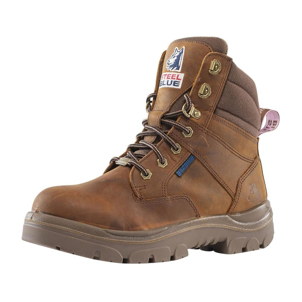 
                  
                    Angled Front View of Steel Blue Southern Cross Ladies Safety Boot in Distressed Brown
                  
                