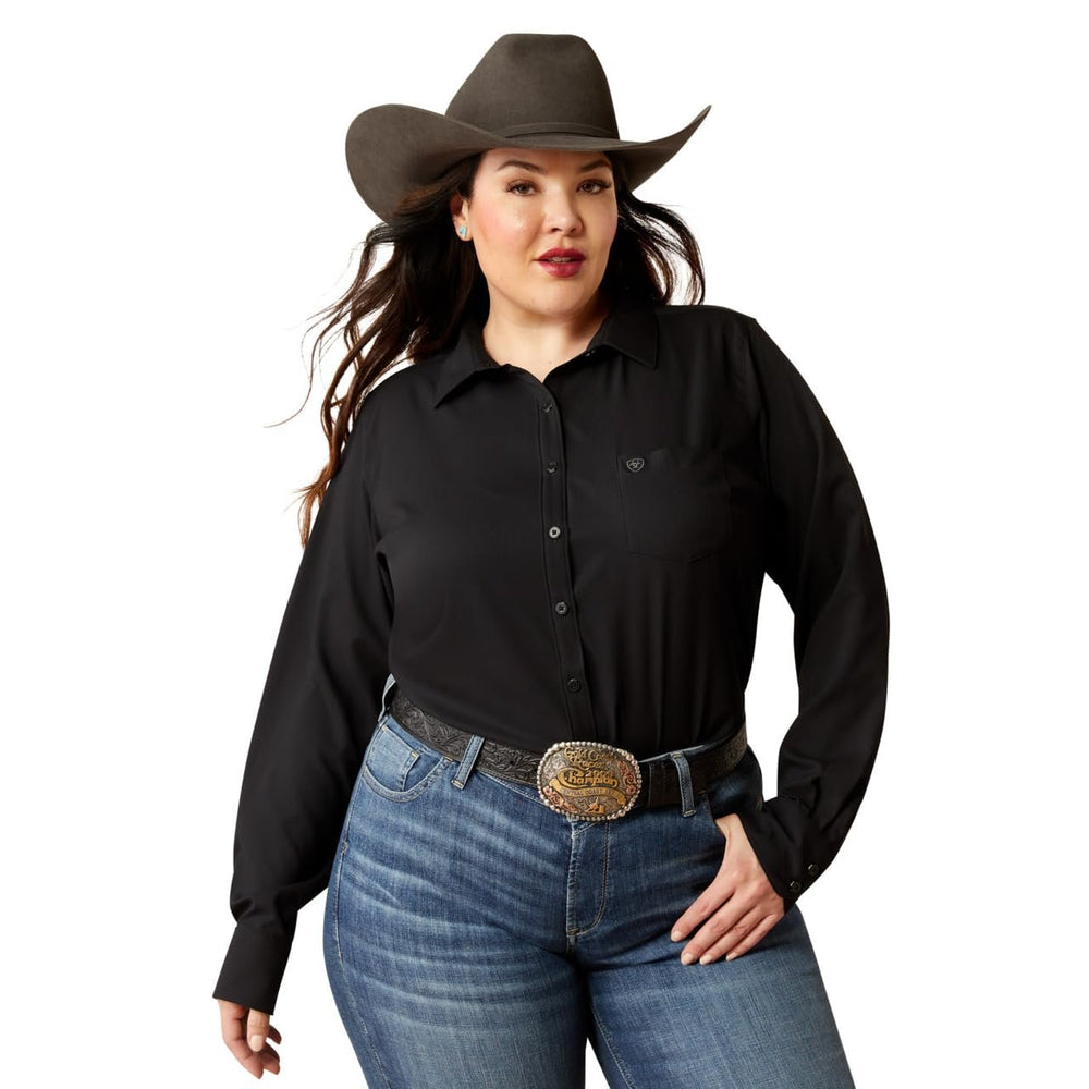 
                  
                    Model Wearing Ariat Women's Team Kirby Stretch Shirt in Black
                  
                
