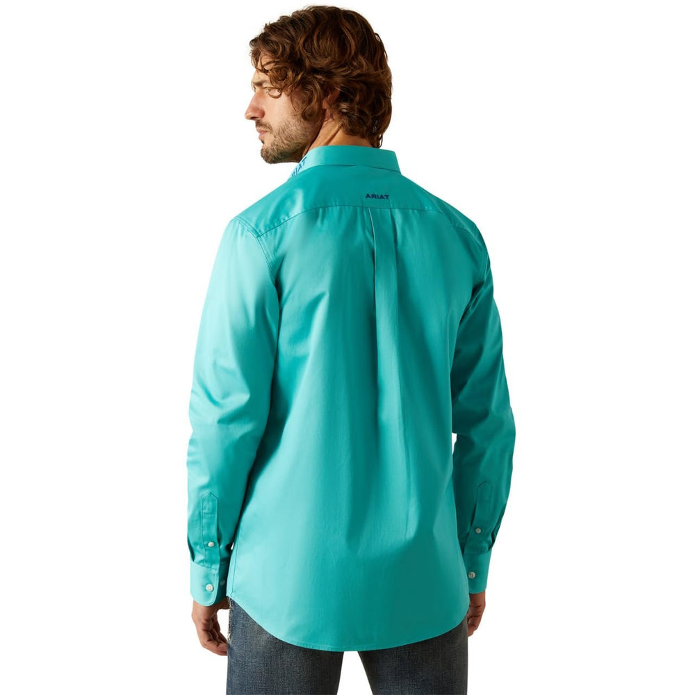
                  
                    Back of Ariat Men's Team Logo Twill Classic Fit Shirt in Turquoise/Blue
                  
                