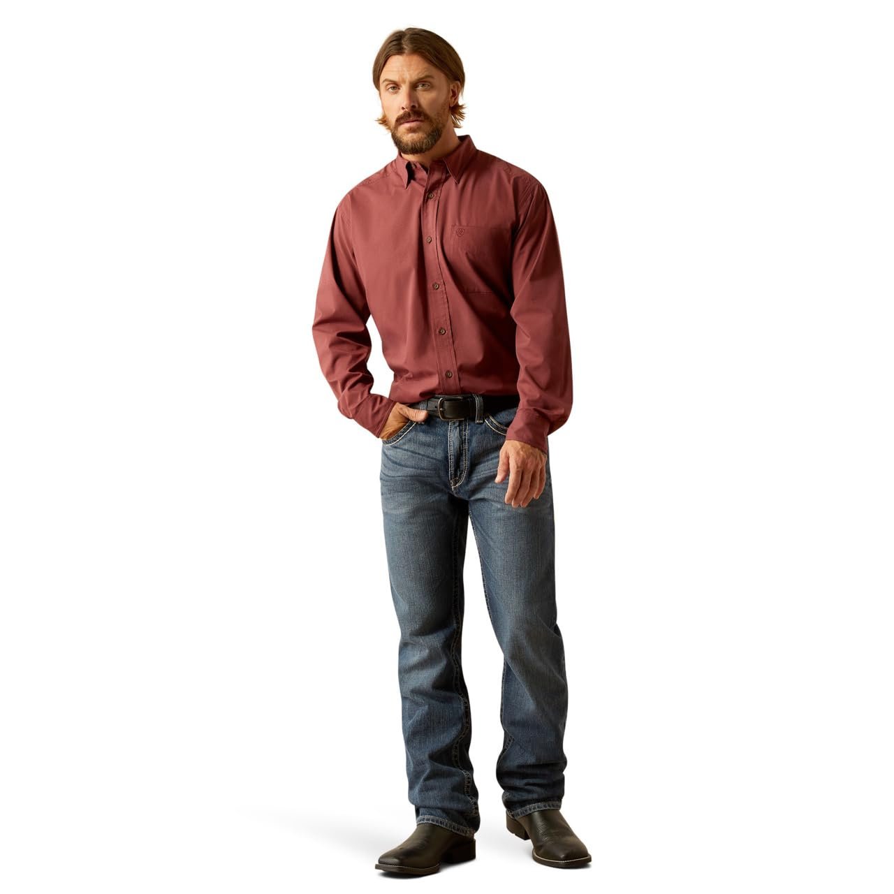 Man Wearing Ariat Men's 360 Airflow Classic Fit Shirt in Red Mahogany