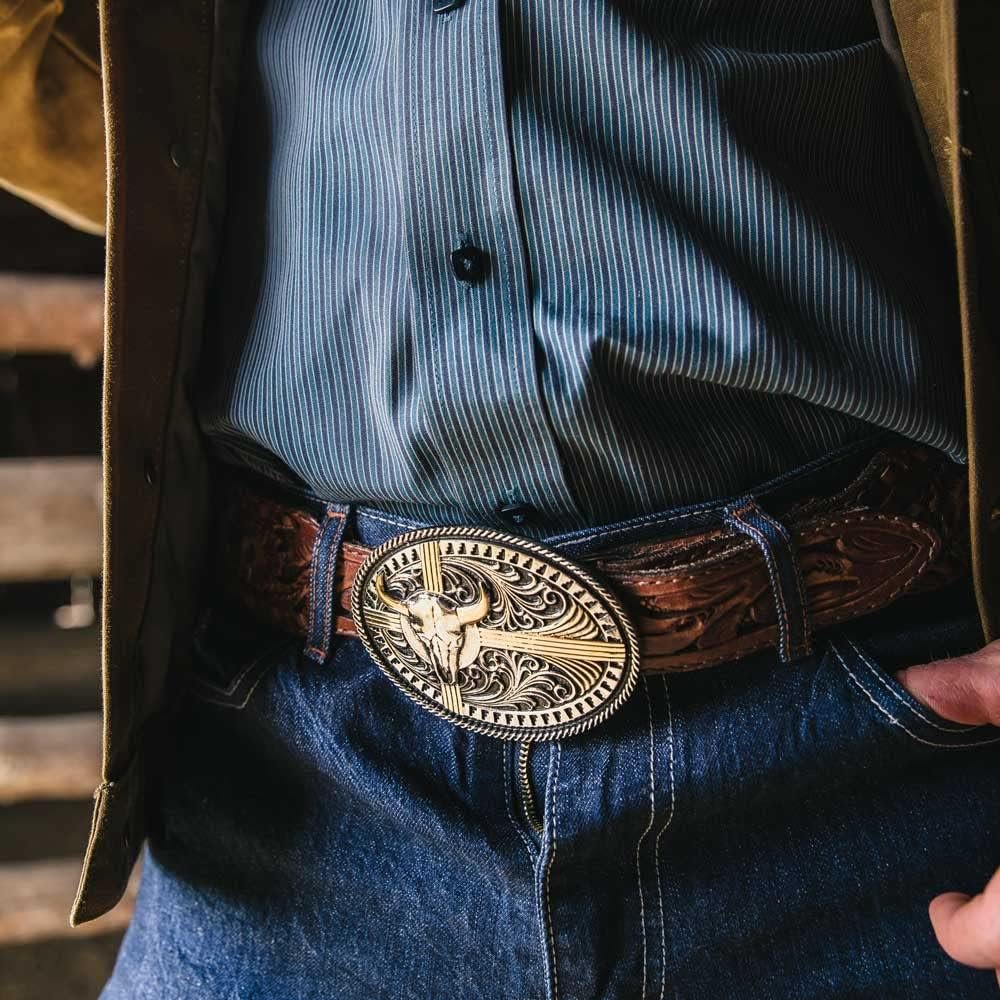 
                  
                    Man Wearing Montana Silversmiths Southwest Sights Attitude Belt Buckle
                  
                