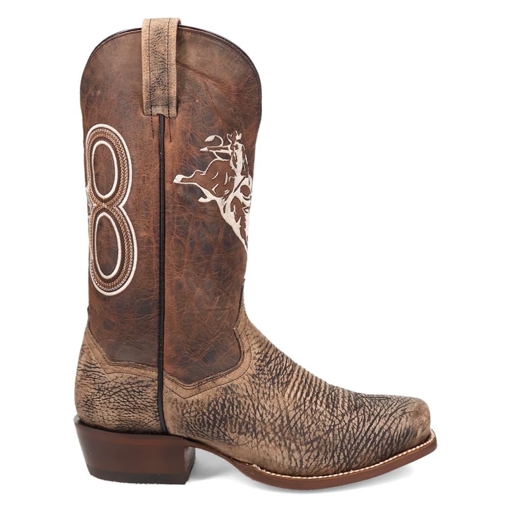 Side profile of the cowboy boot, showcasing the rugged bison leather texture and detailed embroidery, including a large "8" stitched on the shaft.