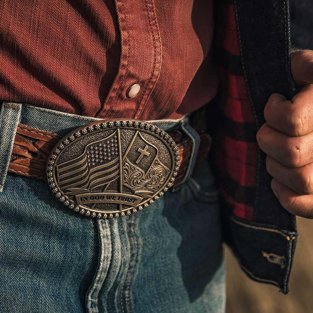 
                  
                    Man Wearing Montana Silversmiths We Trust Attitude Belt Buckle
                  
                