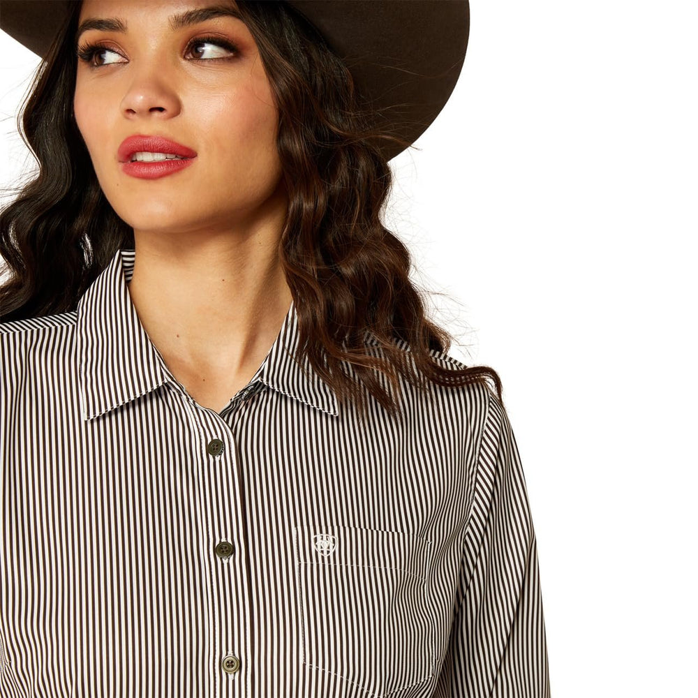 
                  
                    Close-up of Ariat Women's Team Kirby Stretch Shirt in Relic/White Stripe
                  
                