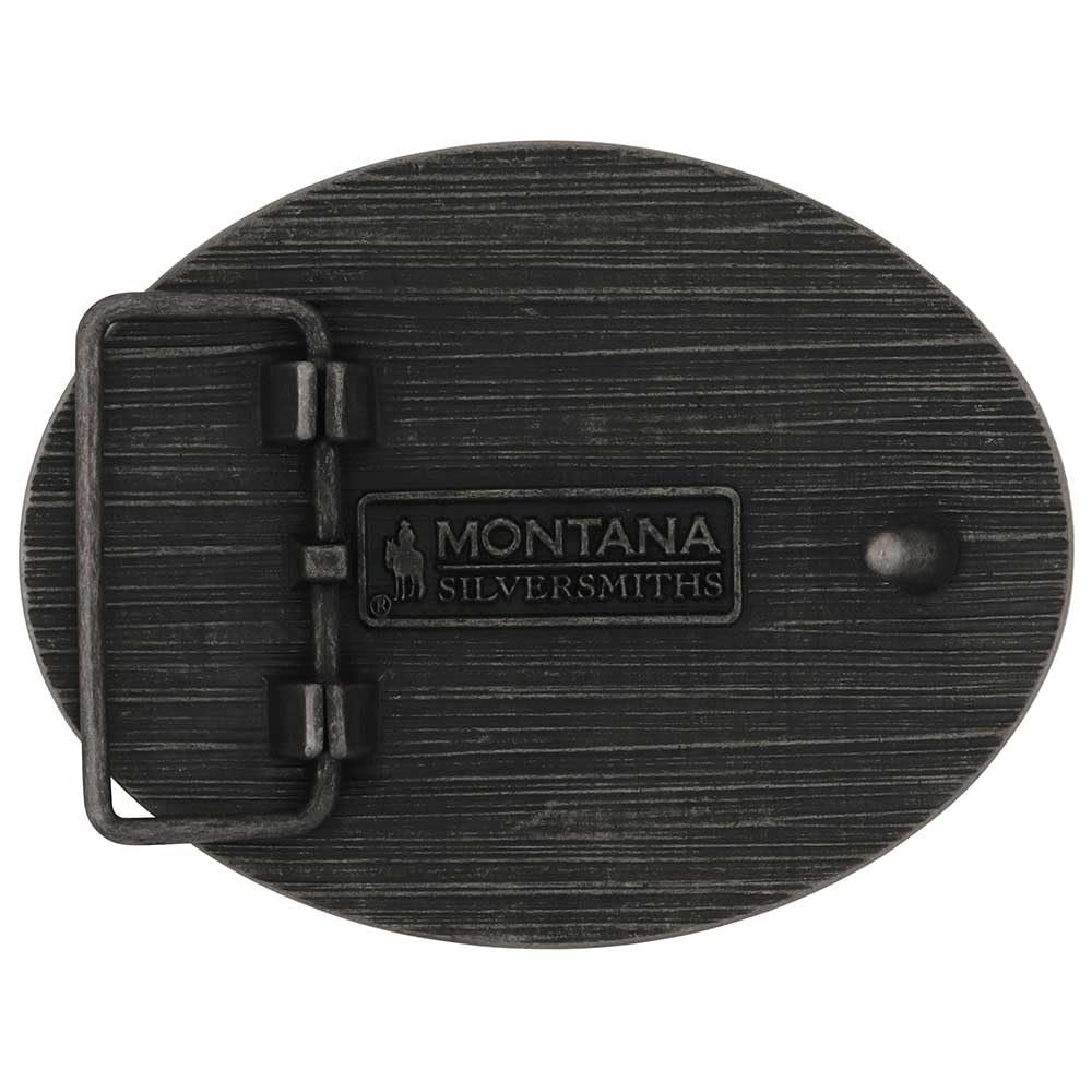 Back view of Whiskey Ranch Western Belt Buckle – The reverse side of the buckle featuring the Montana Silversmiths logo, a sturdy clasp, and a dark antiqued metal finish.