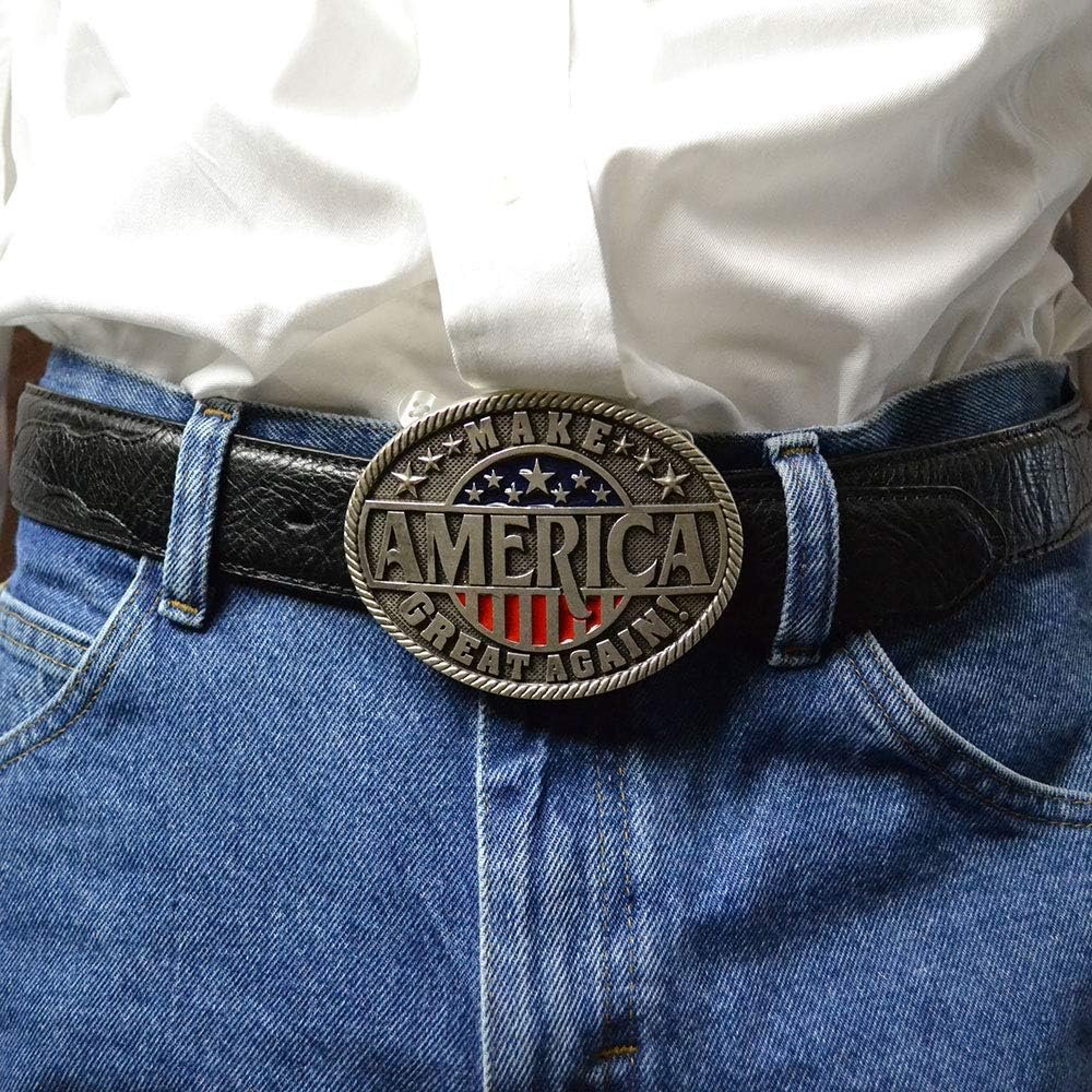 
                  
                    Model Wearing Montana Silversmiths American Flag Attitude Buckle in Make America Great Again Design
                  
                
