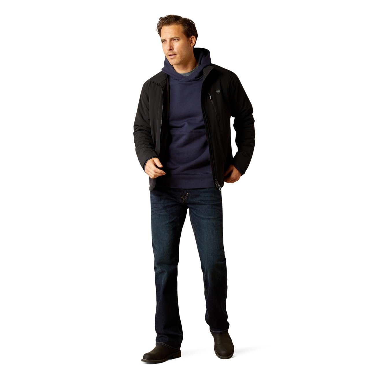 Man Wearing Ariat Men's Rion StretchShell Insulated Jacket in Black