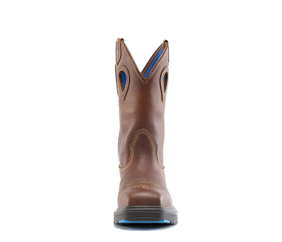 Steel Blue men's leather work boots with internal met guard, steel toe protection, and rugged western styling.