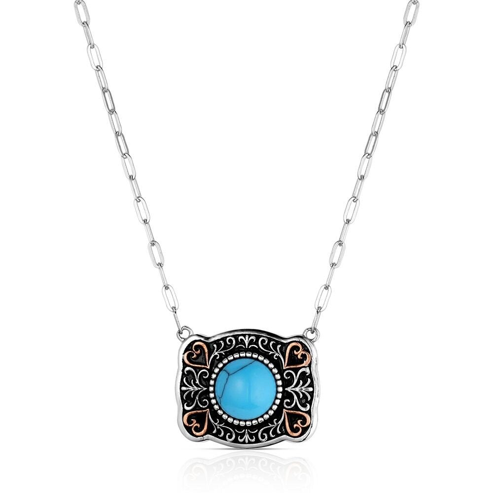 Montana Silversmiths Baby Blue Turquoise Buckle Necklace featuring a Western buckle pendant with crafted baby blue turquoise and polished silver-tone finish.