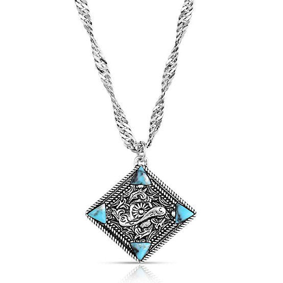 Montana Silversmiths Bluebell Charm Turquoise Necklace featuring a crafted turquoise diamond-shaped pendant with polished silver-tone Western styling.