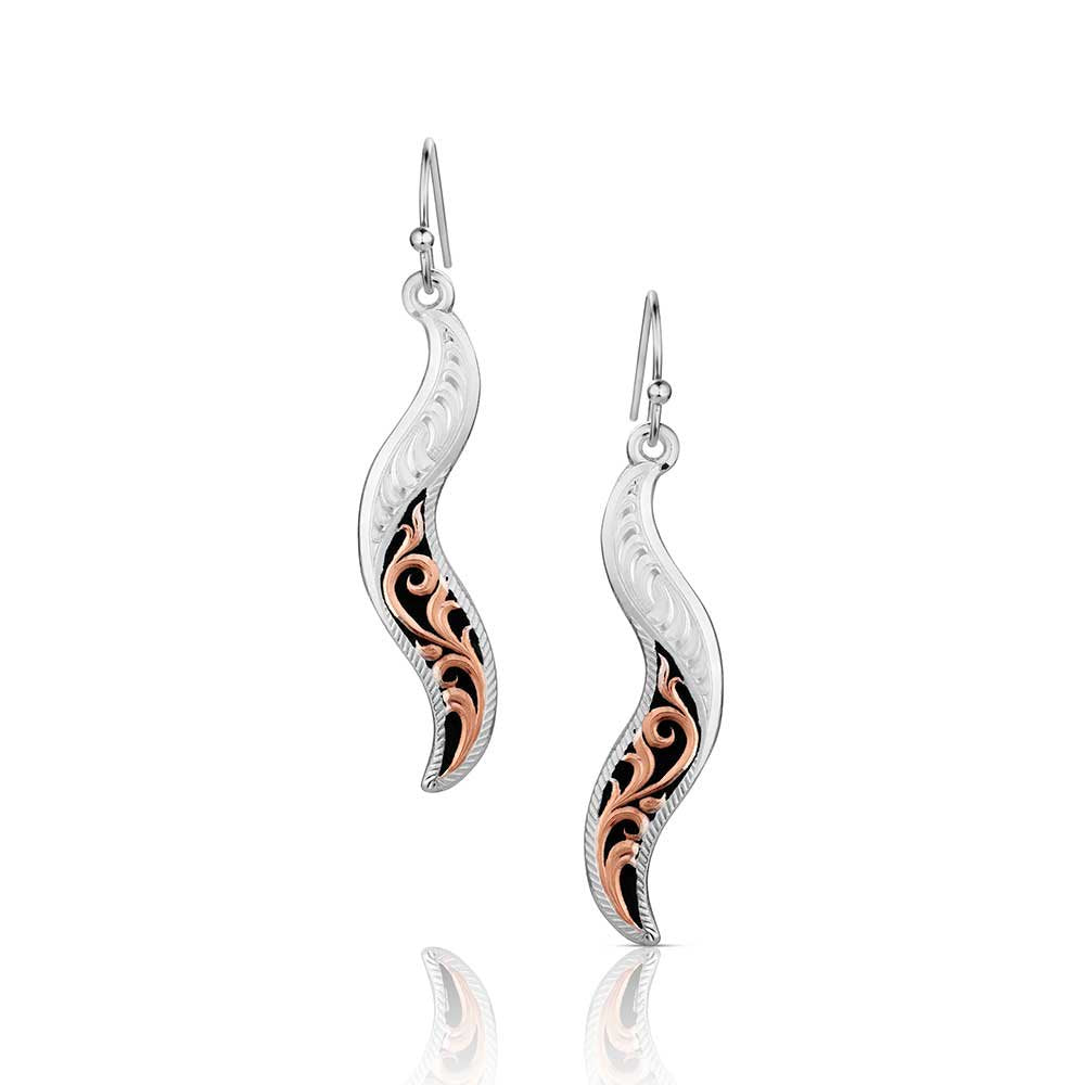 Montana Silversmiths Carry Me West Earrings featuring a two-tone silver and gold finish with elegant Western dangle styling.