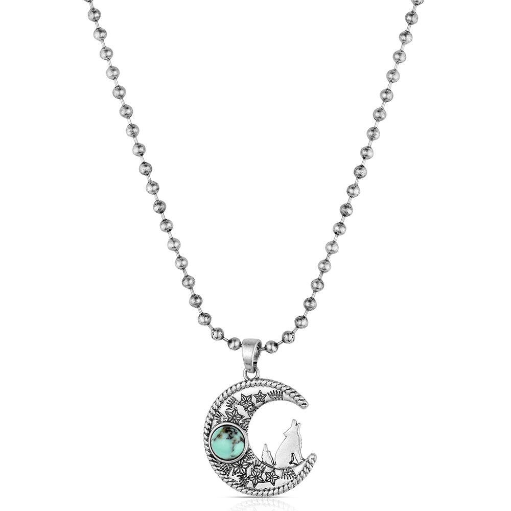 Montana Silversmiths Coyote Moon Turquoise Necklace featuring a crafted turquoise moon pendant with polished silver-tone Western styling.