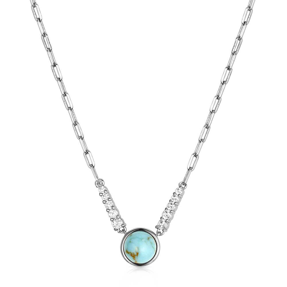 Montana Silversmiths Desert Moonlight Turquoise Necklace featuring a crafted turquoise pendant on a polished silver-tone paperclip chain with Western-inspired styling.