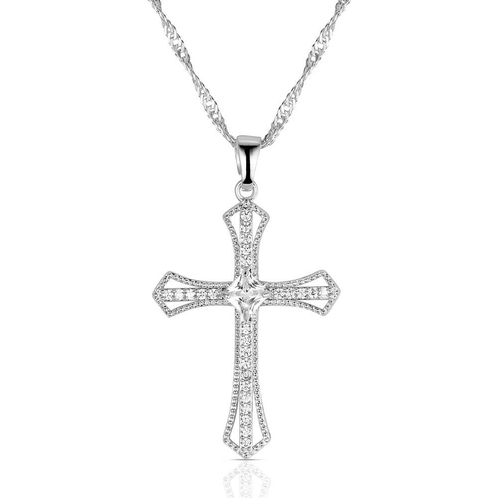 Montana Silversmiths Desert Radiance Cross Necklace featuring a sparkling crystal cross pendant with polished silver-tone Western craftsmanship.