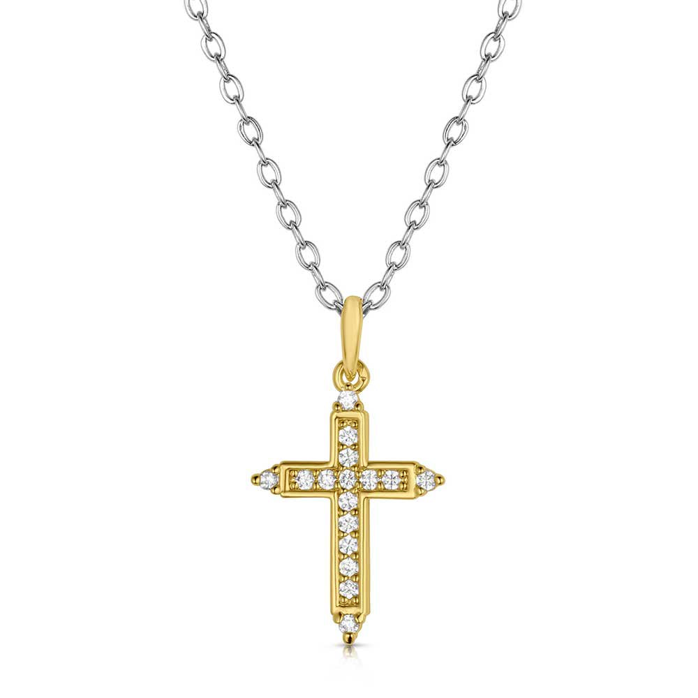 Montana Silversmiths Dorado Cross Necklace featuring a gold-tone cross pendant with sparkling crystal accents and elegant Western faith-inspired styling.