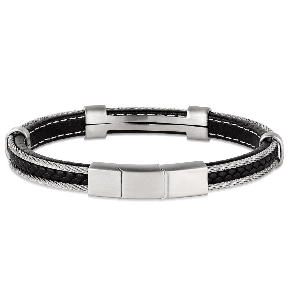 Montana Silversmiths Dust Country bracelet featuring braided black leather, gunmetal stainless steel, and a magnetic clasp.