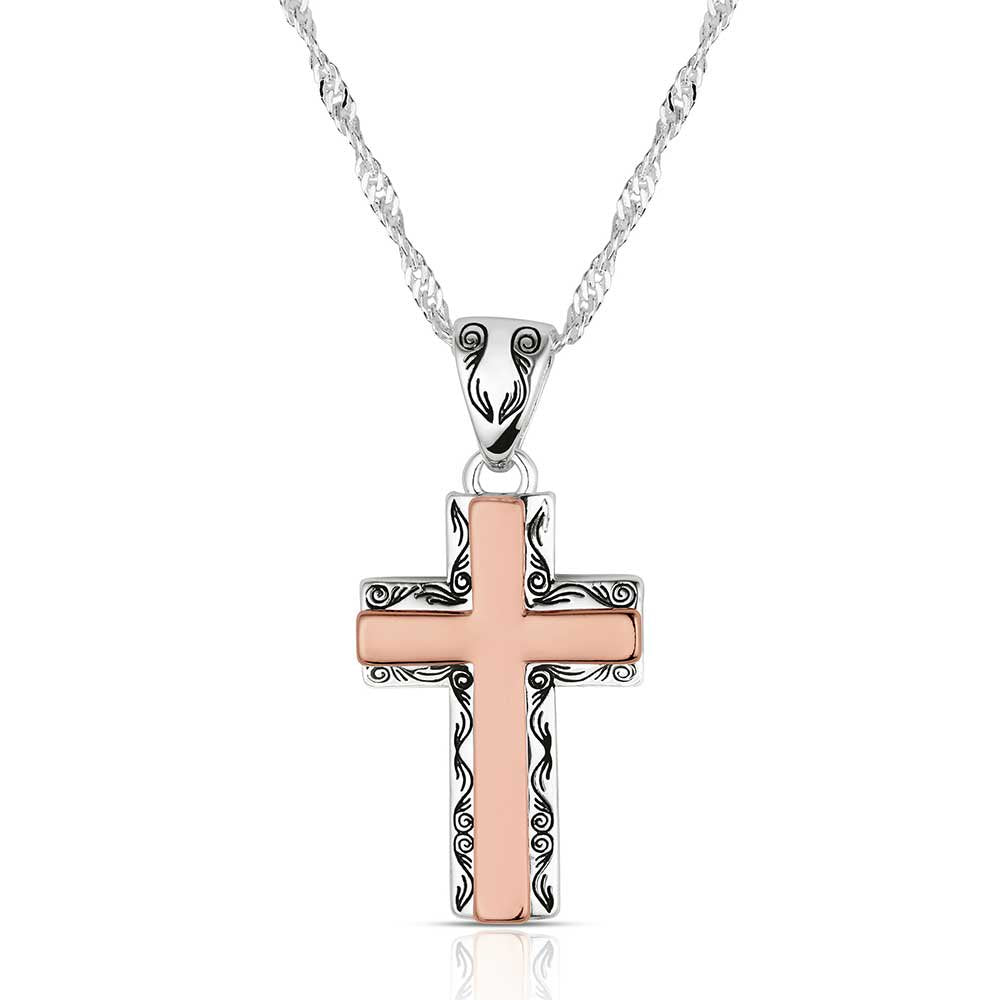 Montana Silversmiths Faith Evermore Cross Necklace featuring a two-tone cross pendant with polished silver and gold-tone accents and timeless Western faith styling.