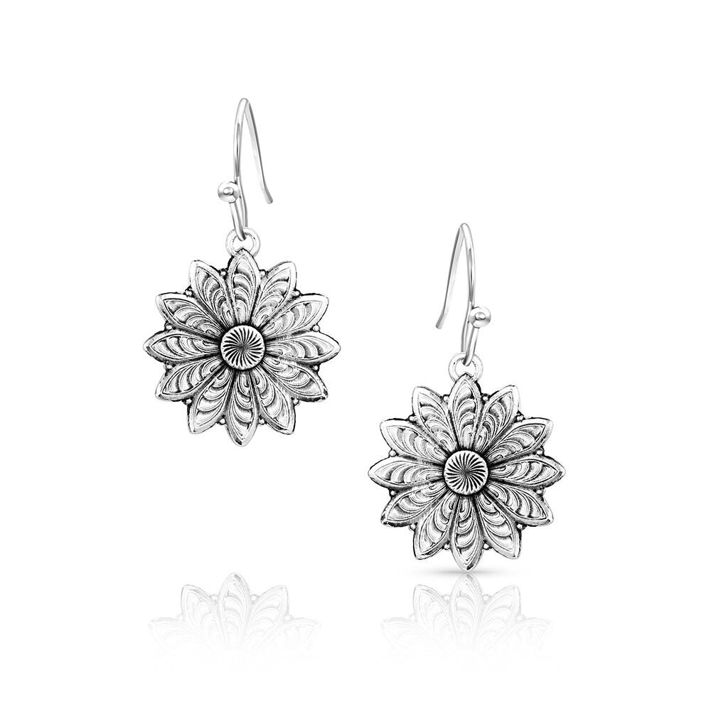 Montana Silversmiths Flower Rowel Earrings featuring a silver-tone floral spur rowel design and USA-made Western craftsmanship.