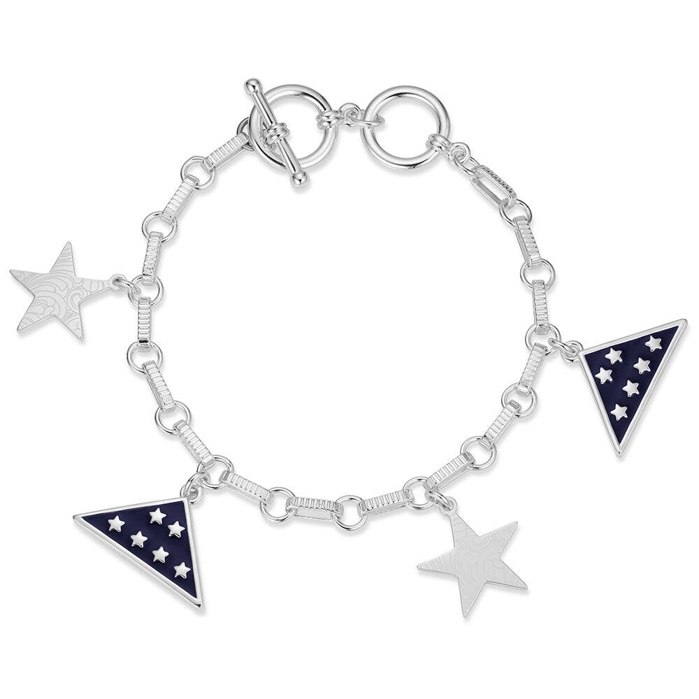 Montana Silversmiths Folds of Honor Remembrance Charm Bracelet featuring patriotic charms and a silver-tone toggle clasp.