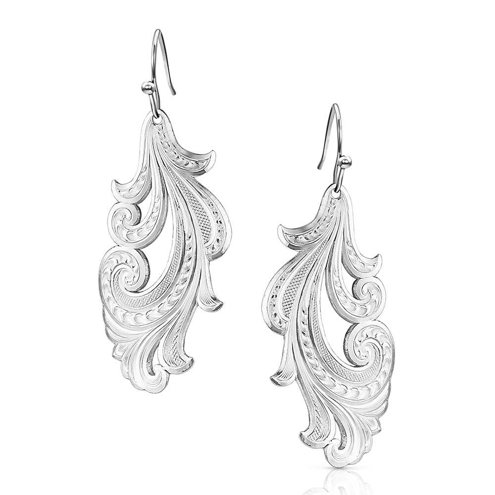 Montana Silversmiths Moonlit Wind Earrings featuring an ornate silver-tone design with elegant Western dangle styling.