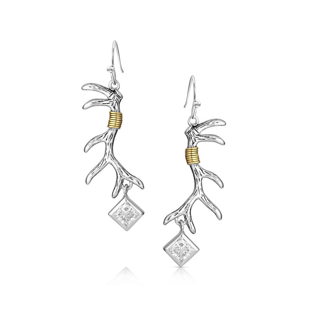 Montana Silversmiths Nature's Art Crystal Earrings featuring two-tone antler dangle design with sparkling crystals