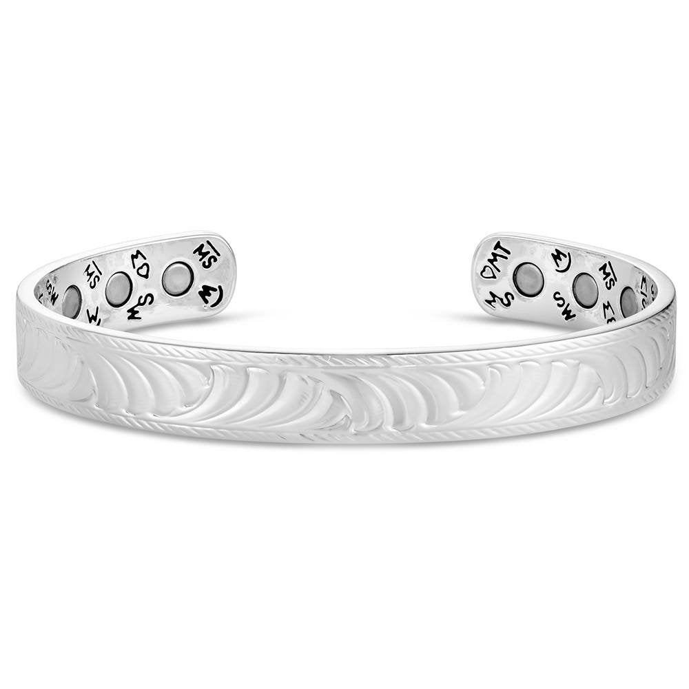 Montana Silversmiths Northern Scroll silver cuff bracelet featuring engraved Western scrollwork and an open cuff design.