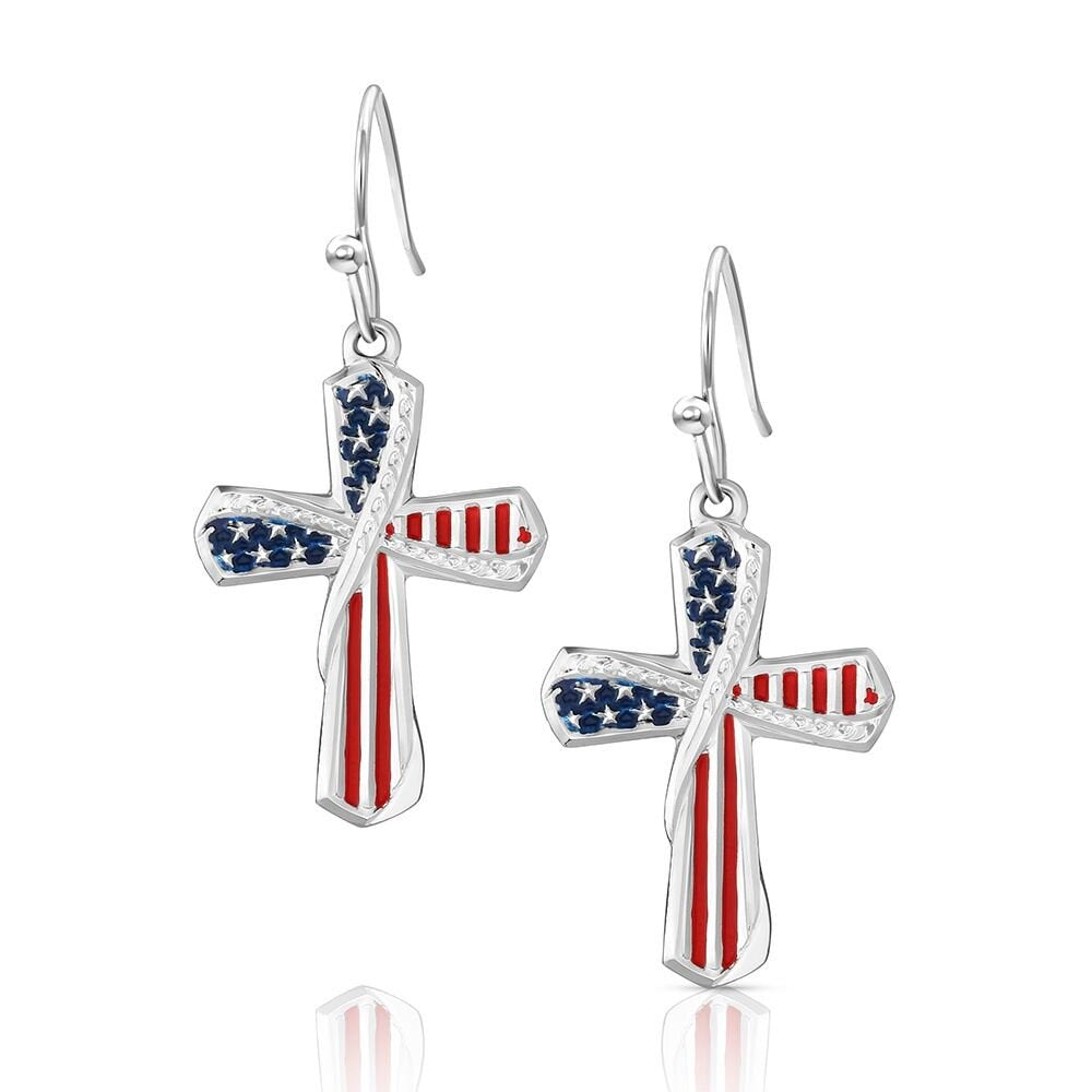 Montana Silversmiths One Nation American Made Cross Earrings featuring polished silver-tone cross dangles handcrafted in the USA with timeless Western style.