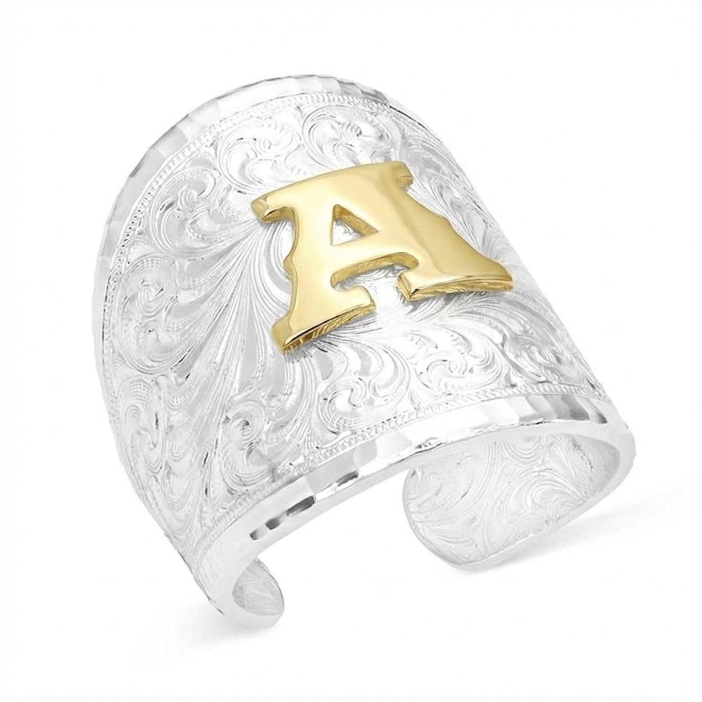 Montana Silversmiths Out West Initial Ring featuring a silver-tone Western monogram design
