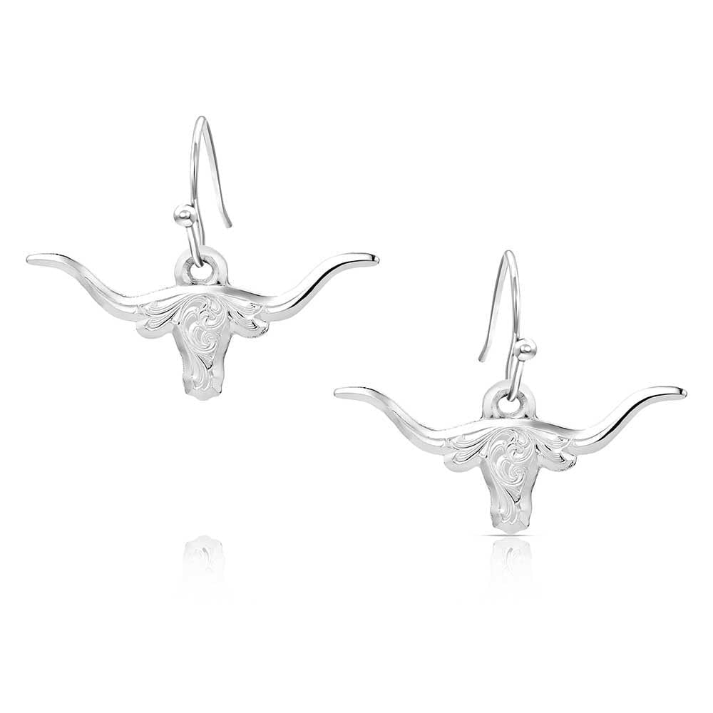 Montana Silversmiths Out West Longhorn Earrings featuring silver-tone longhorn designs, handcrafted in the USA with classic Western style.