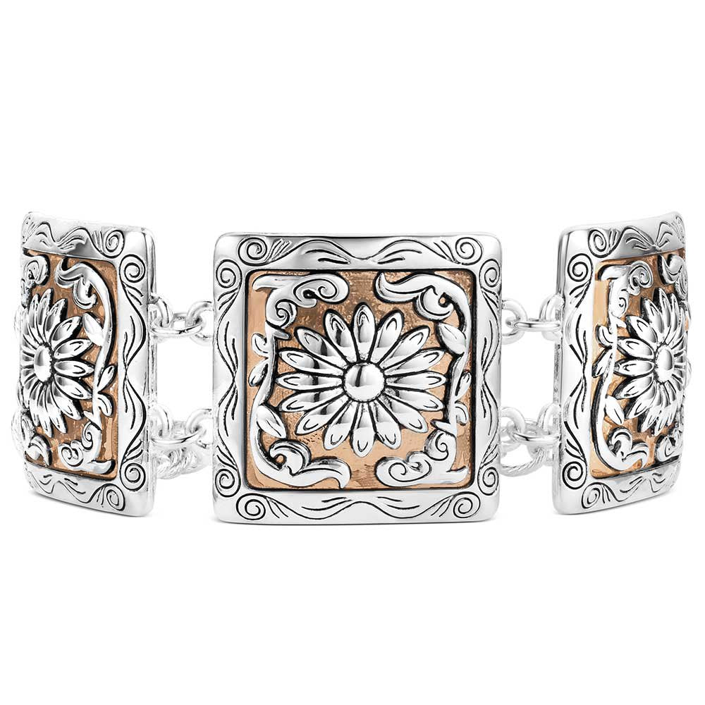 Montana Silversmiths Ranch House Floral bracelet featuring a two-tone silver and rose gold Western design