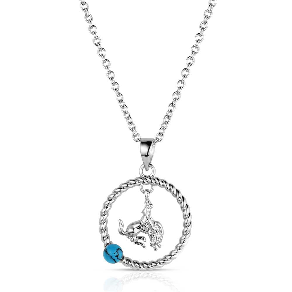 Montana Silversmiths Rodeo Blues Necklace featuring a crafted turquoise circle pendant with polished silver-tone Western styling and an elegant chain.