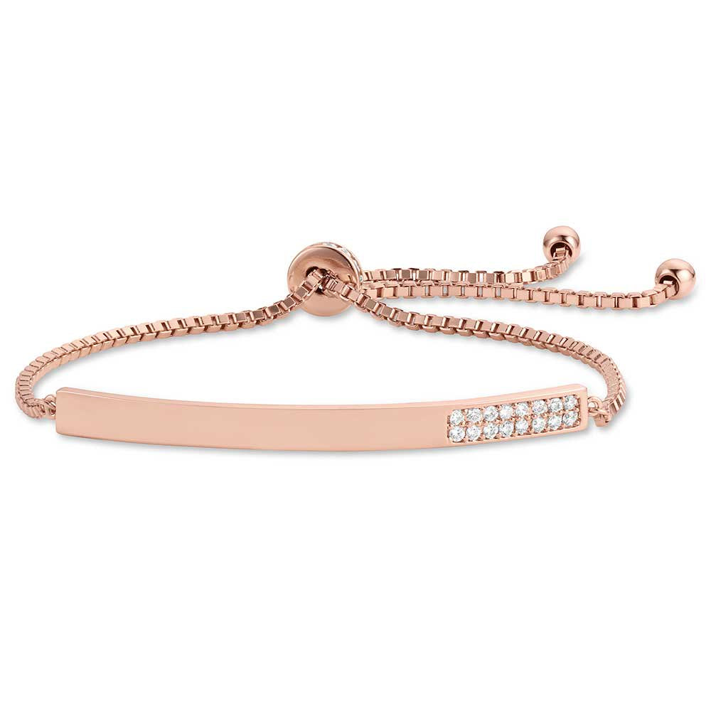 Montana Silversmiths Rose Saloon Bar Bracelet featuring a rose gold bar with sparkling crystal accents and an adjustable bolo clasp.