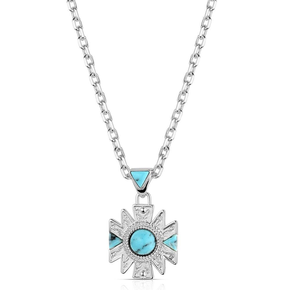 Montana Silversmiths Southwestern Sun Turquoise Necklace featuring a crafted turquoise sunburst pendant with polished silver-tone Western styling.