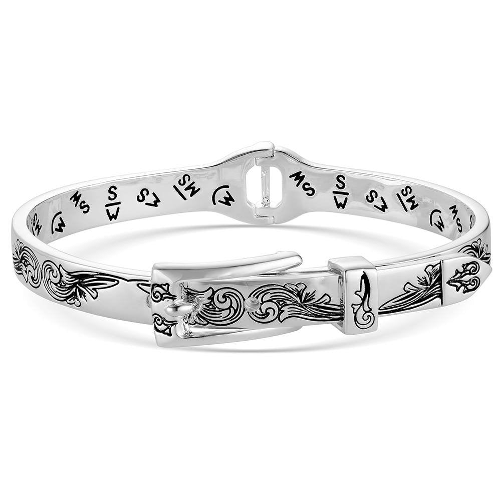 Montana Silversmiths True West Buckle Bracelet featuring an engraved silver buckle centerpiece with classic Western styling.