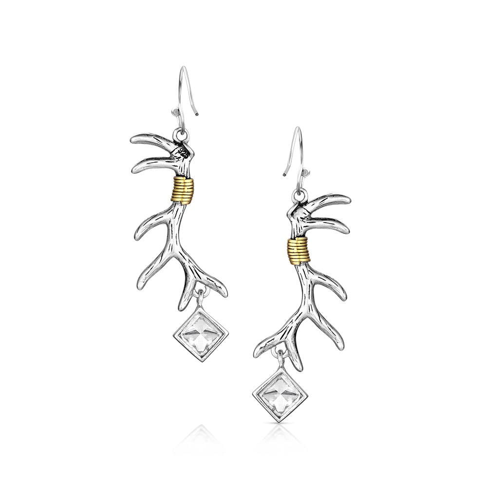 Two-tone Montana Silversmiths antler dangle earrings with crystal accents and Western styling