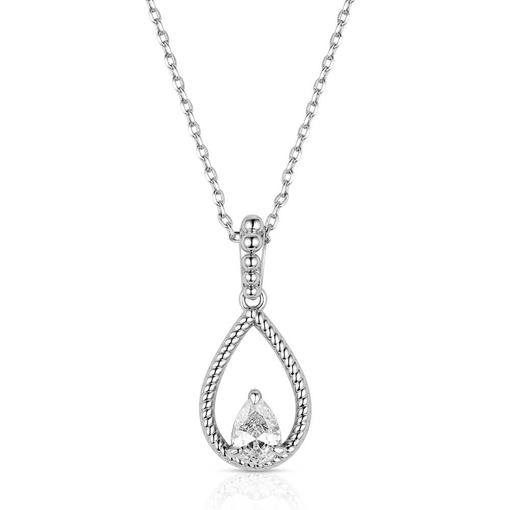 Montana Silversmiths Wandering Trail Necklace featuring a sparkling crystal teardrop pendant with elegant silver-tone Western styling.