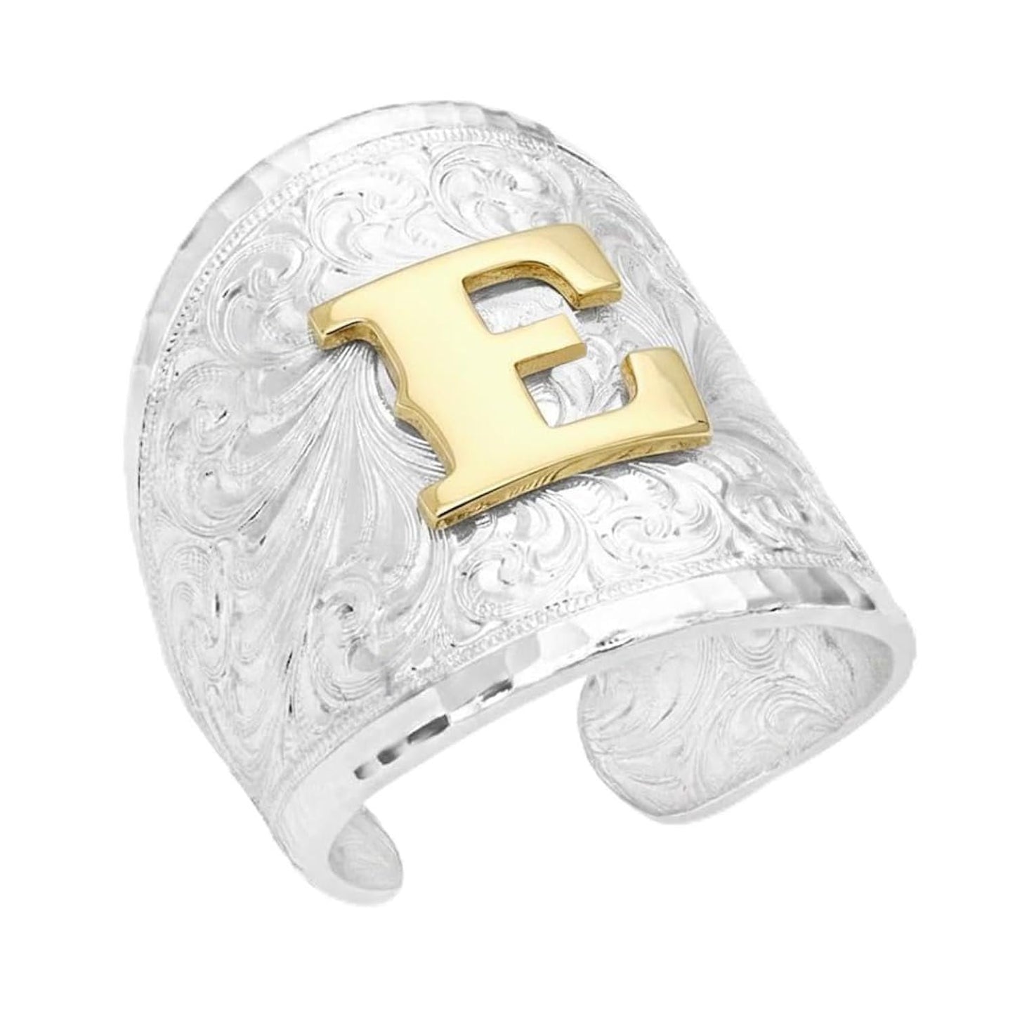 Silver-tone Western monogram ring by Montana Silversmiths with engraved detailing