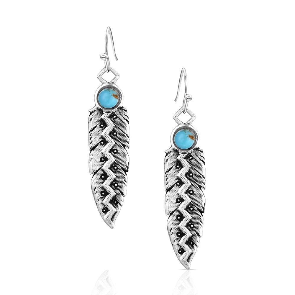  Montana Silversmiths Wild Lightning American Made dangle earrings featuring crafted turquoise accents and detailed silver-tone Western styling.