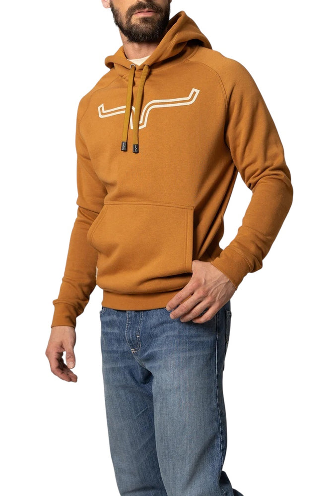 
                  
                    Man wearing a brown hoodie with a white logo on a white background
                  
                