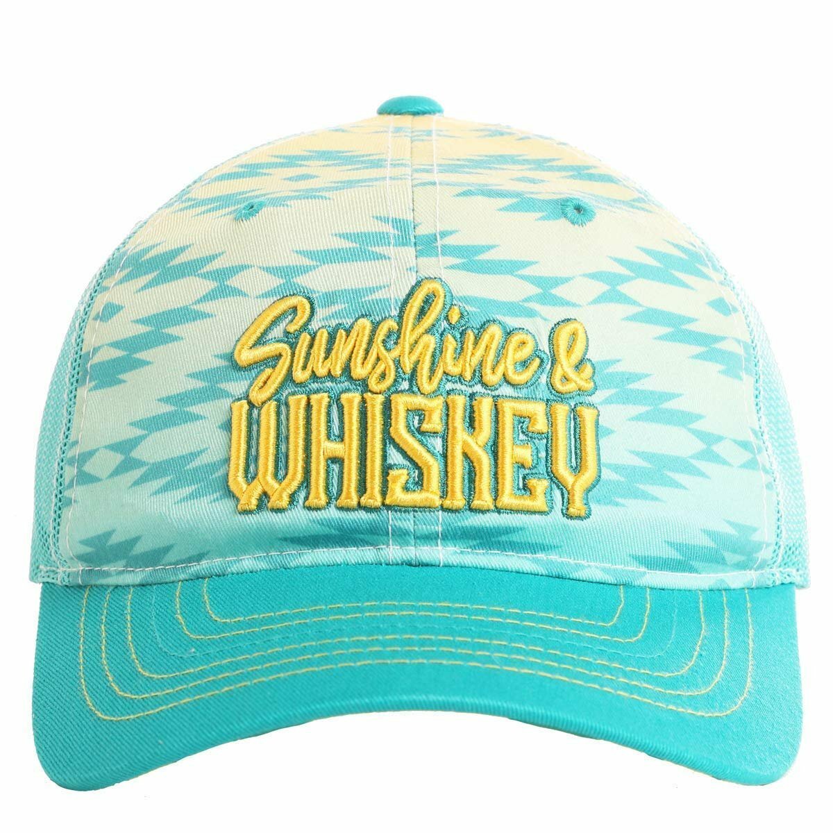 Rock & Roll Denim Sunshine & Whiskey embroidered Aztec print cap featuring colorful western styling and an adjustable fit.