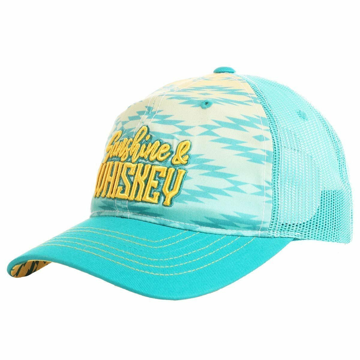Front view of the Rock & Roll Denim Sunshine & Whiskey cap showcasing embroidered lettering and vibrant Aztec print.