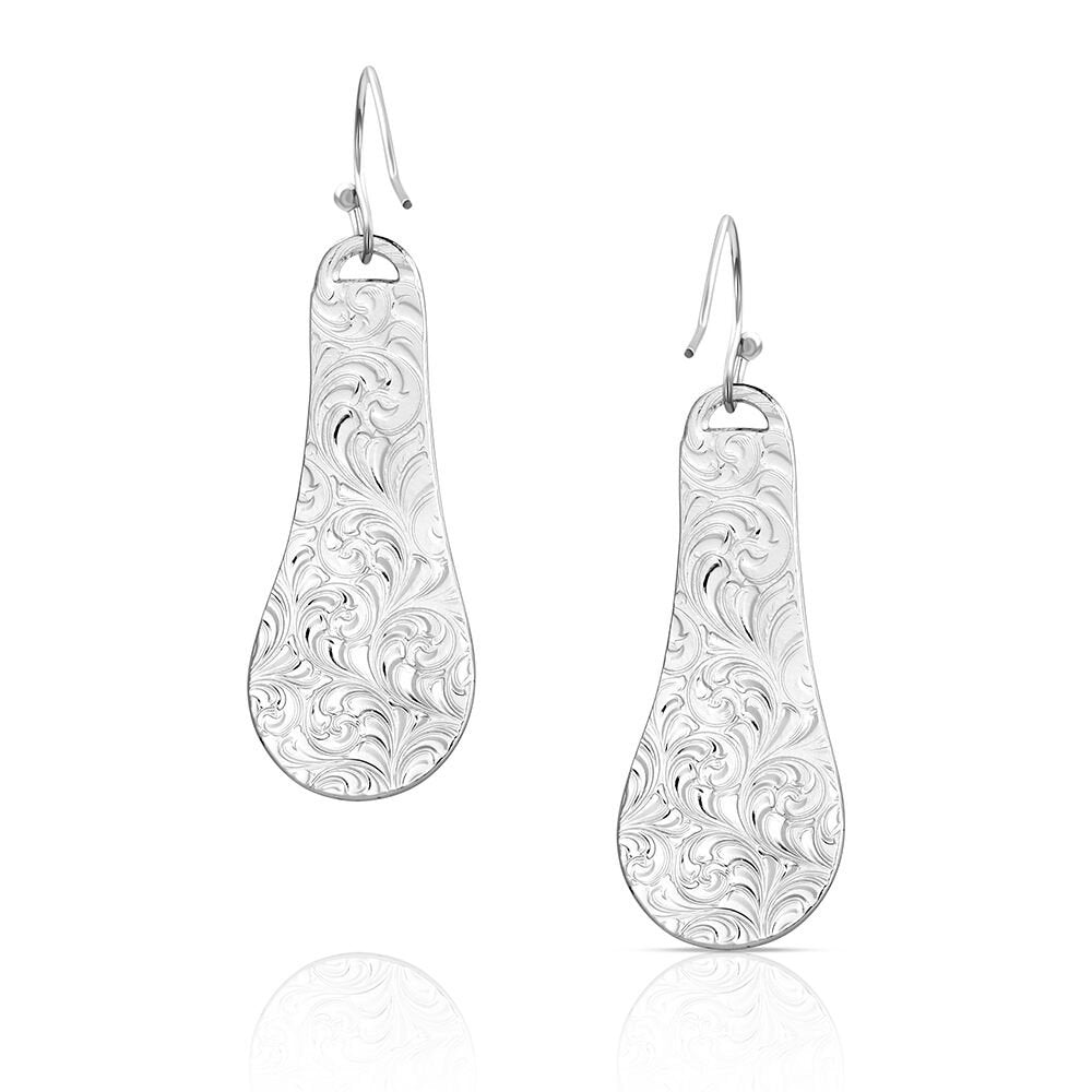 Silver Western floral dangle earrings by Montana Silversmiths featuring detailed marigold-inspired blossoms and authentic cowgirl style.