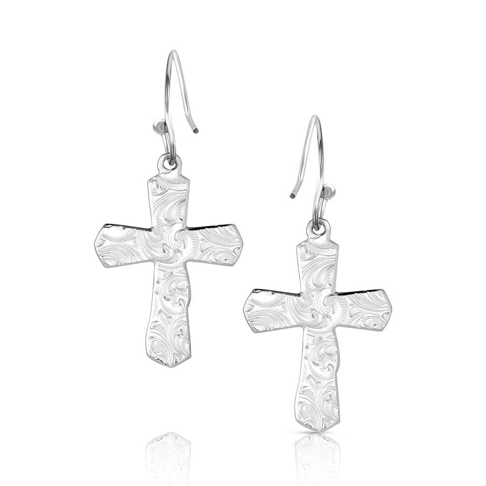 USA-made silver cross Western earrings by Montana Silversmiths featuring elegant craftsmanship and classic Christian cowgirl style.